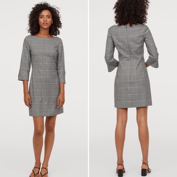H&M Plaid Black Grey Print Mini Dress 3/4th Sz 0 - Picture 11 of 14